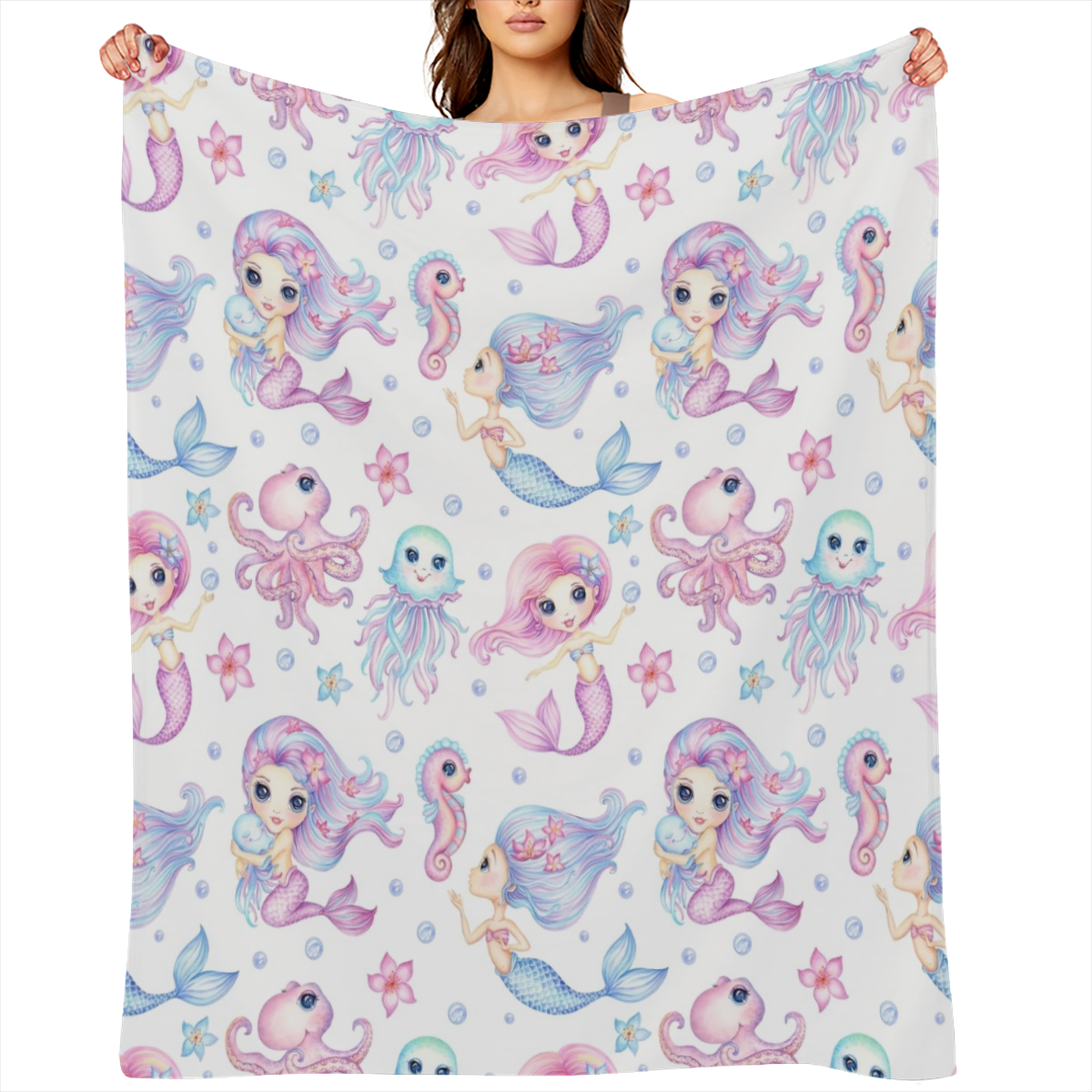 Cute Little Mermaids Friends Throw Blanket 280GSM Flannel Blankets for Couch Bed Sofa Dorm, Warmth Soft Cozy Fleece Blanket Gifts for Her Him All Season