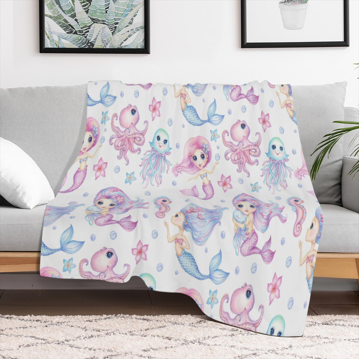 Cute Little Mermaids Friends Throw Blanket 280GSM Flannel Blankets for Couch Bed Sofa Dorm, Warmth Soft Cozy Fleece Blanket Gifts for Her Him All Season