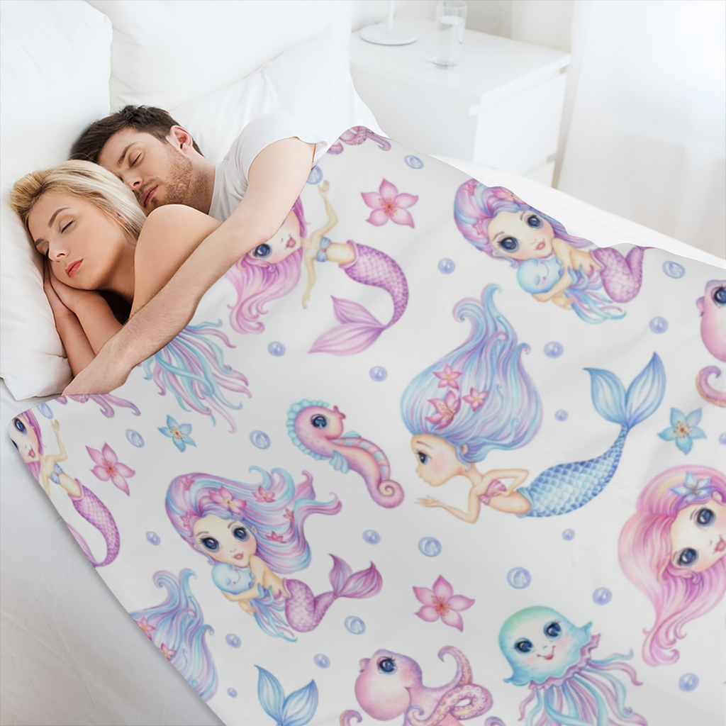 Cute Little Mermaids Friends Throw Blanket 280GSM Flannel Blankets for Couch Bed Sofa Dorm, Warmth Soft Cozy Fleece Blanket Gifts for Her Him All Season