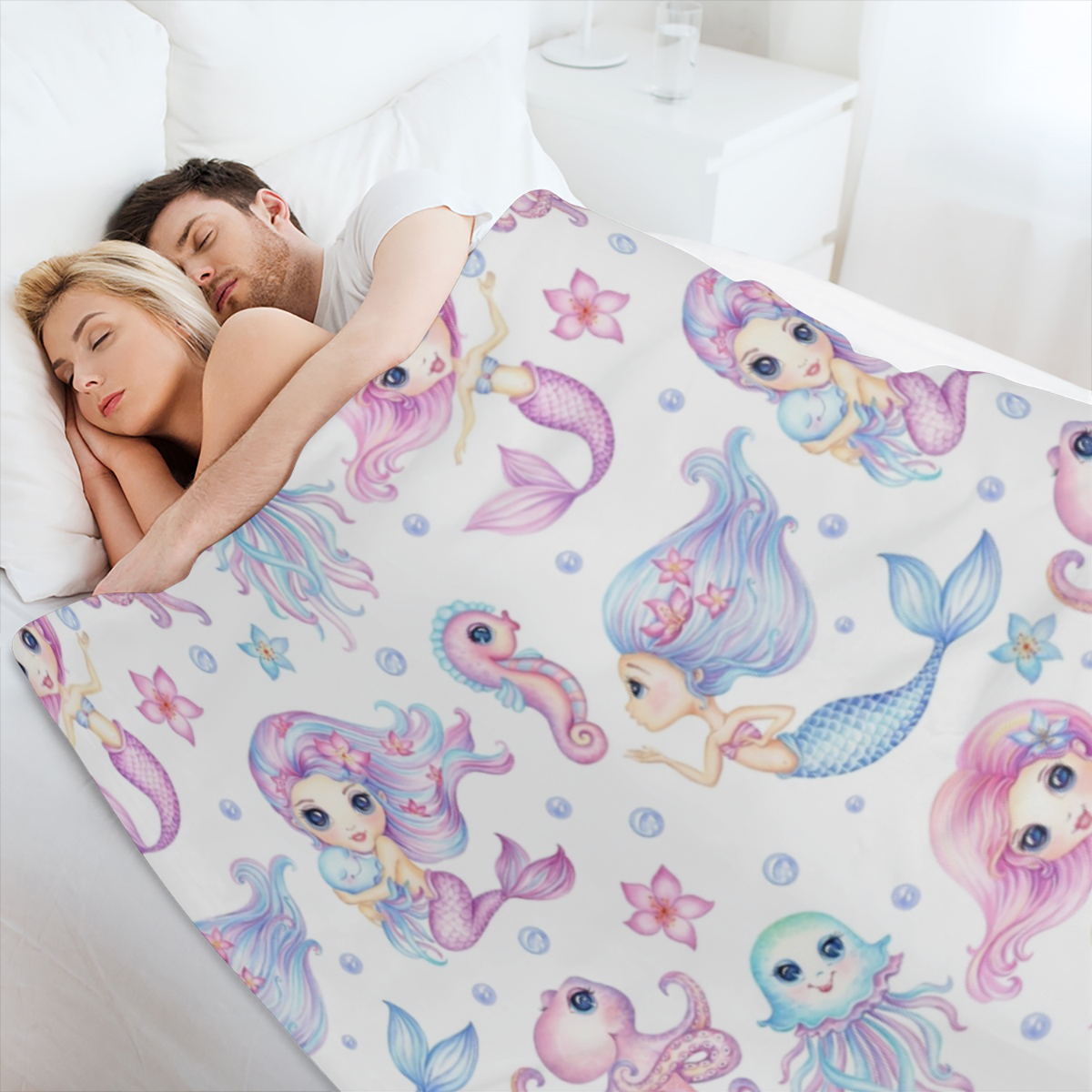 Cute Little Mermaids Friends Throw Blanket 280GSM Flannel Blankets for Couch Bed Sofa Dorm, Warmth Soft Cozy Fleece Blanket Gifts for Her Him All Season