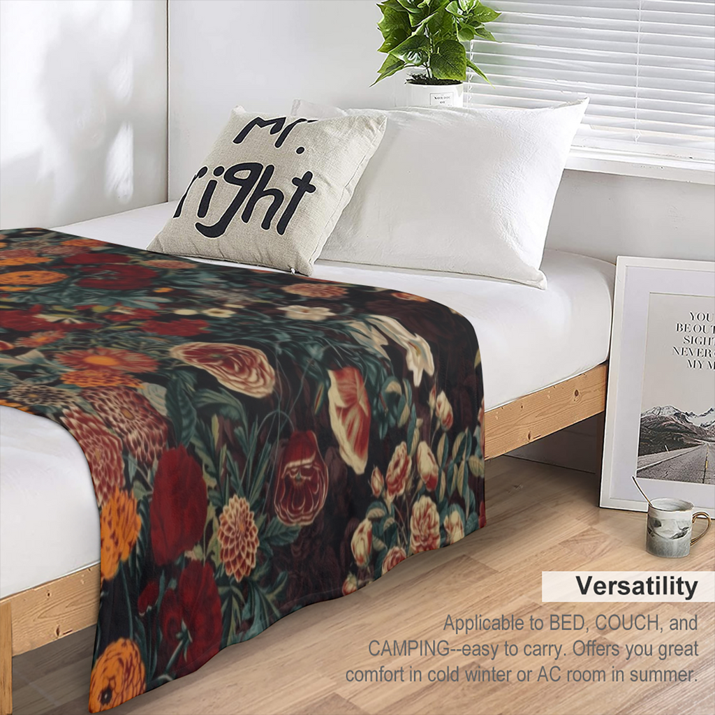 Contemporary Floral Pattern Throw Blanket - Soft and Comfortable Flannel Fleece Blanket for Office, School, Home, Picnic, Camping, Travel, and Gift Giving - Polyester 100 - All Seasons - Knitted Weave
