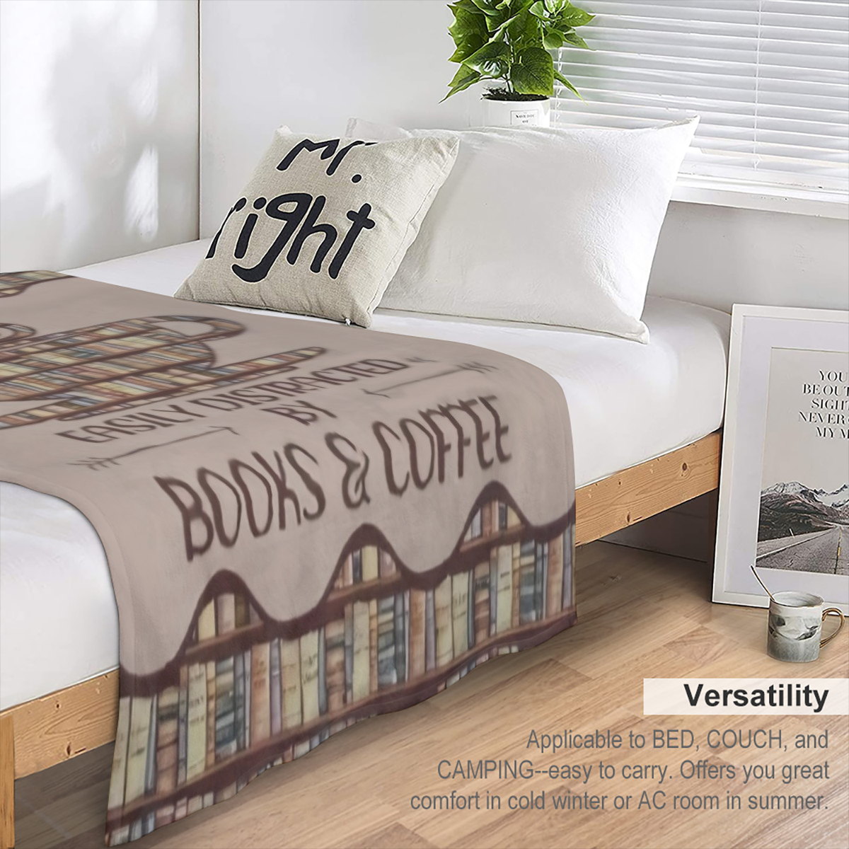 Cozy ' Books & Coffee' Flannel Throw Blanket - All- Season, Anti- Allergy, Perfect Gift for Book Lovers and Coffee Enthusiasts