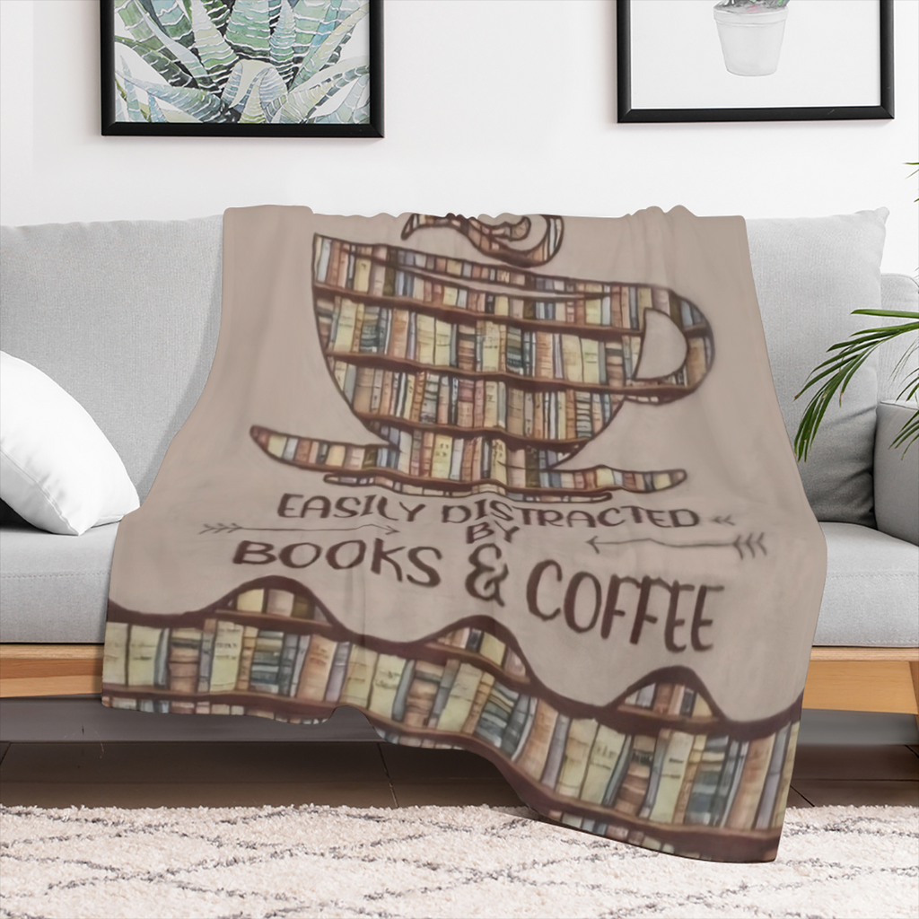 Cozy ' Books & Coffee' Flannel Throw Blanket - All- Season, Anti- Allergy, Perfect Gift for Book Lovers and Coffee Enthusiasts
