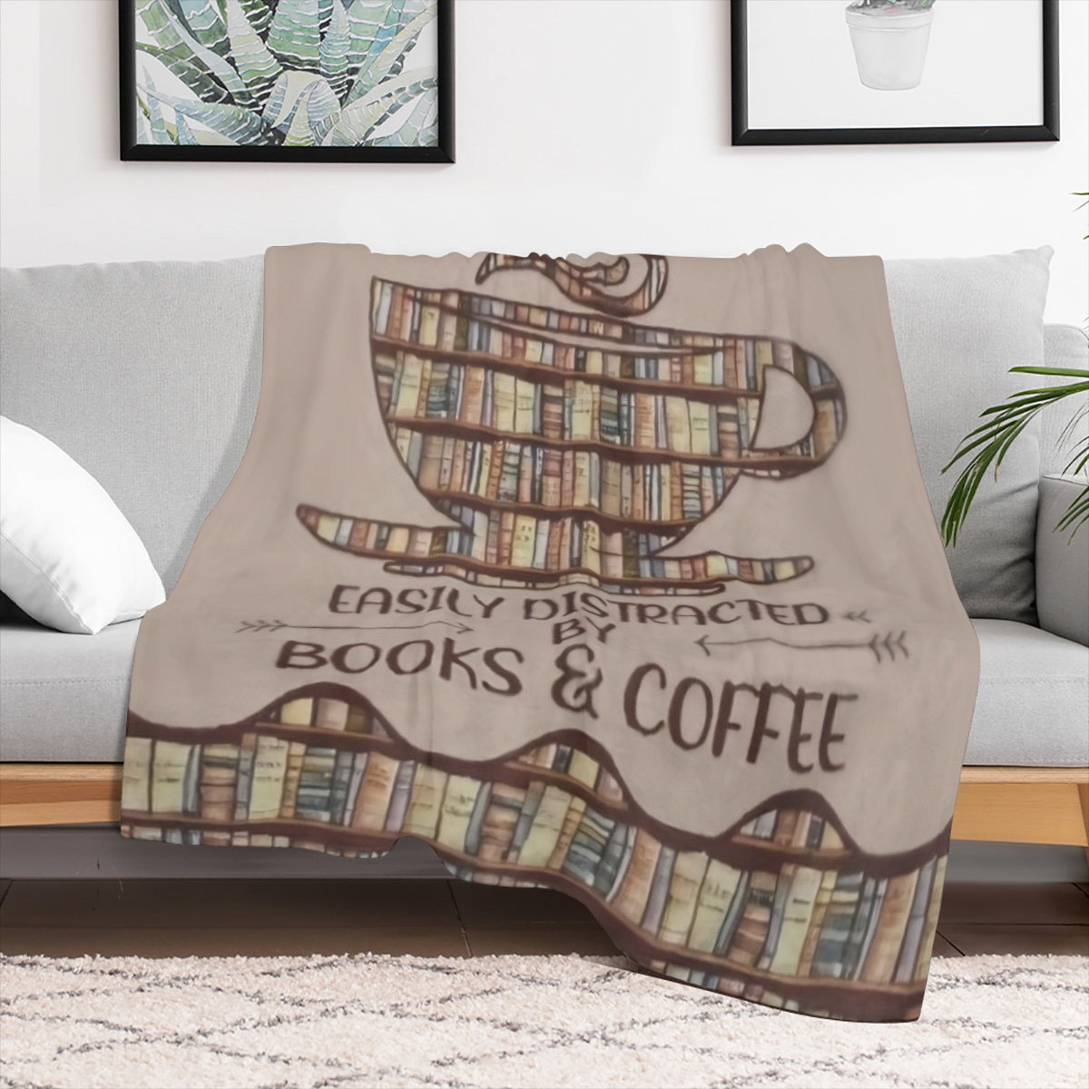Cozy ' Books & Coffee' Flannel Throw Blanket - All- Season, Anti- Allergy, Perfect Gift for Book Lovers and Coffee Enthusiasts