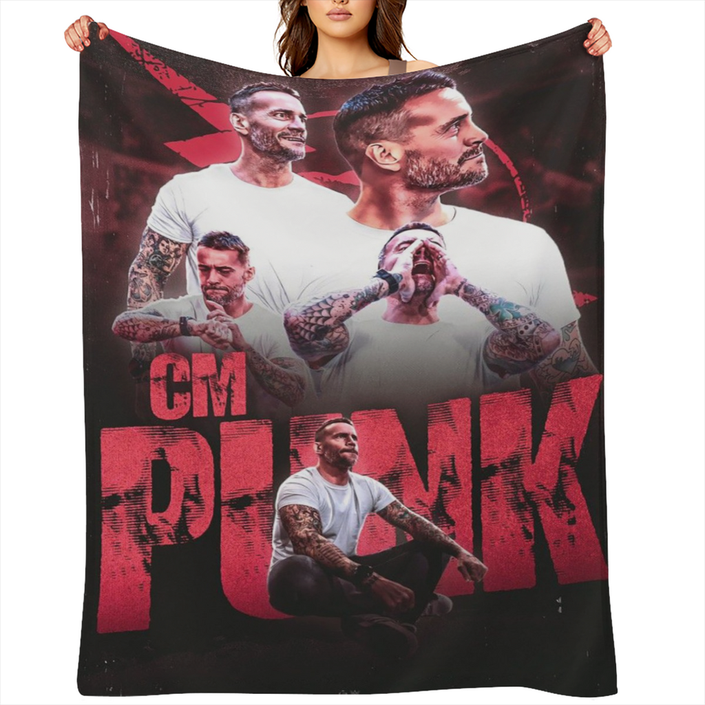 CM Punk Flannel Throw Blanket Soft, Lightweight, and Warm Plush Shawl with Vibrant Printed Design Perfect for Sofa or Bed, 60x50 Inches, White Background with Bold Red Lettering and Unique Character I