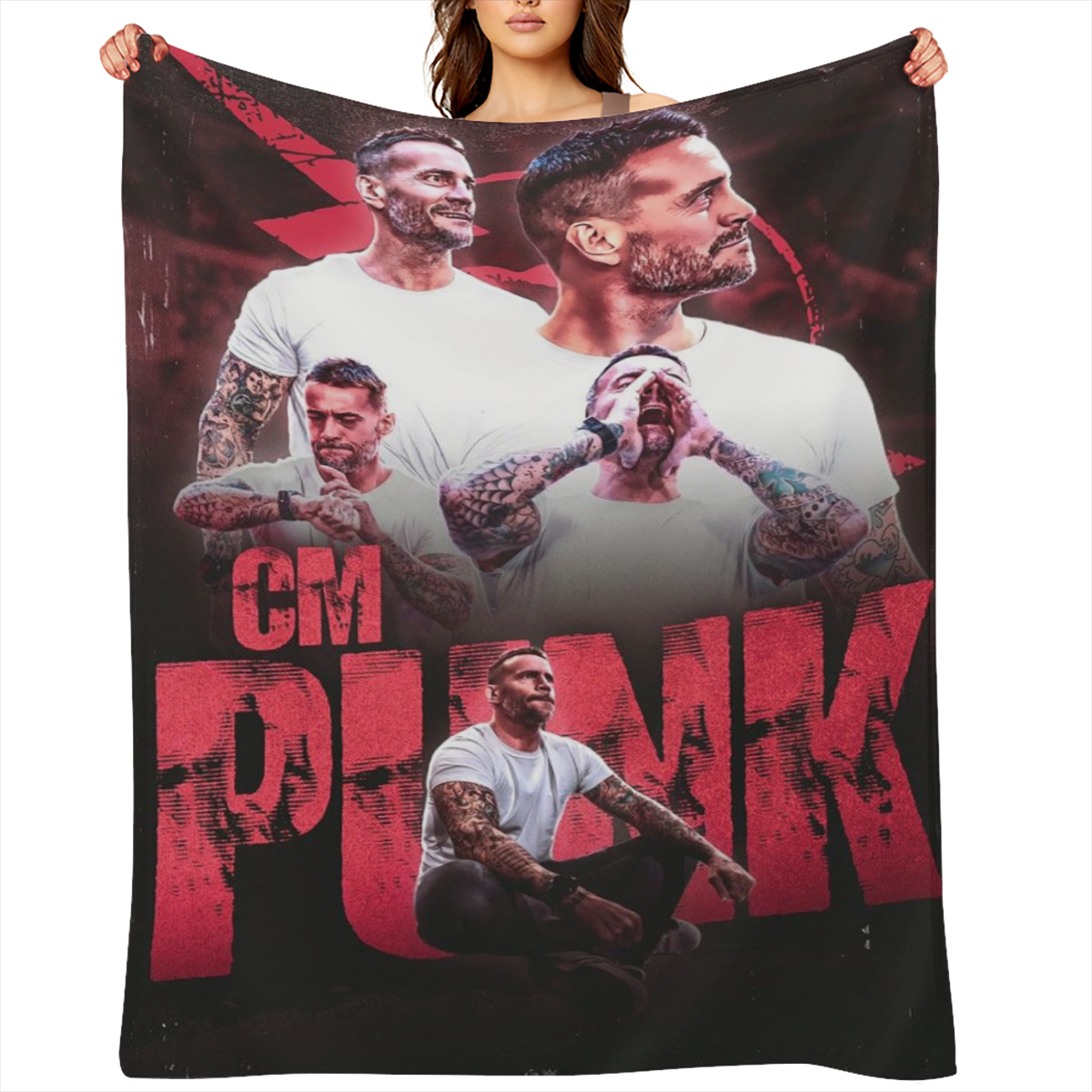 CM Punk Flannel Throw Blanket Soft, Lightweight, and Warm Plush Shawl with Vibrant Printed Design Perfect for Sofa or Bed, 60x50 Inches, White Background with Bold Red Lettering and Unique Character I