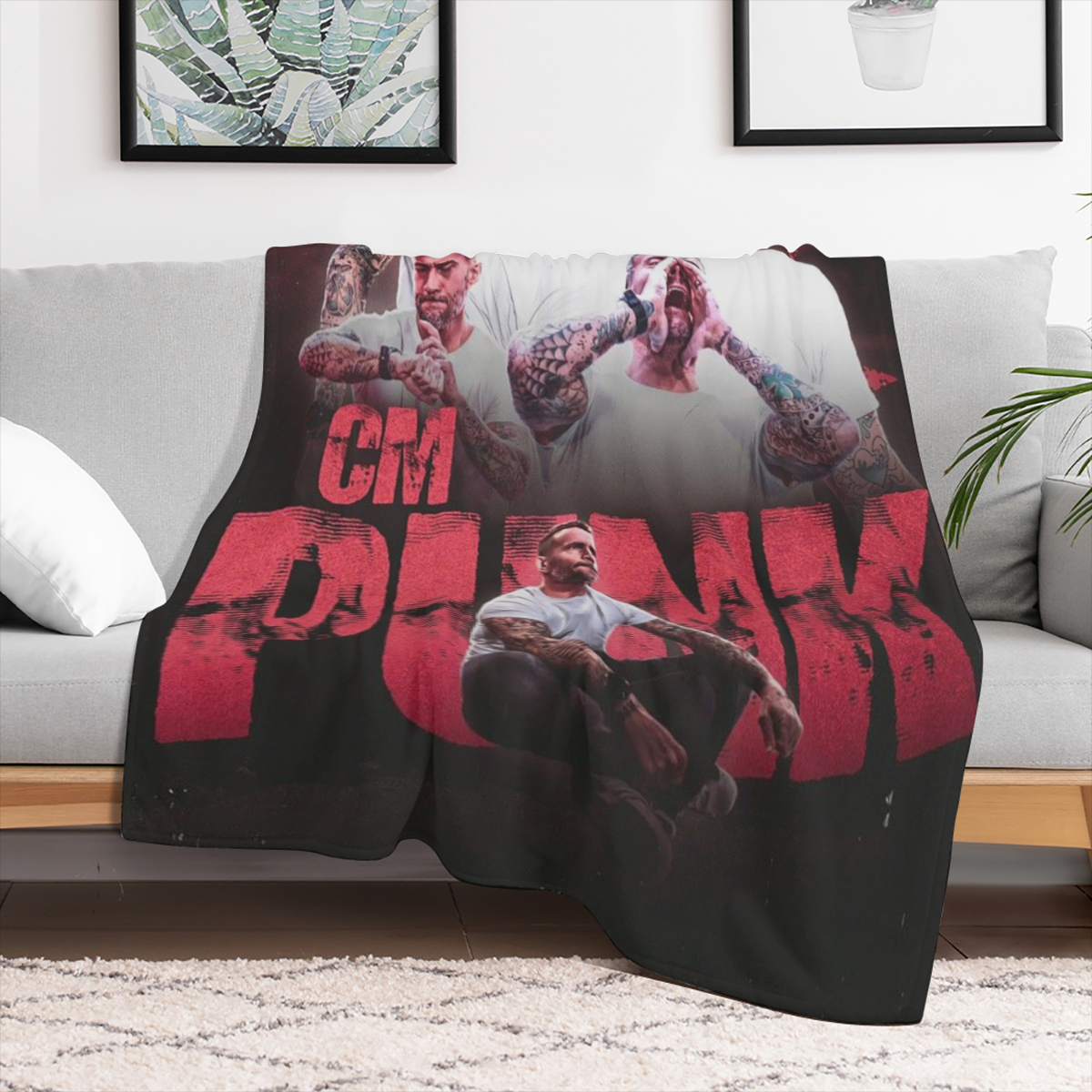 CM Punk Flannel Throw Blanket Soft, Lightweight, and Warm Plush Shawl with Vibrant Printed Design Perfect for Sofa or Bed, 60x50 Inches, White Background with Bold Red Lettering and Unique Character I