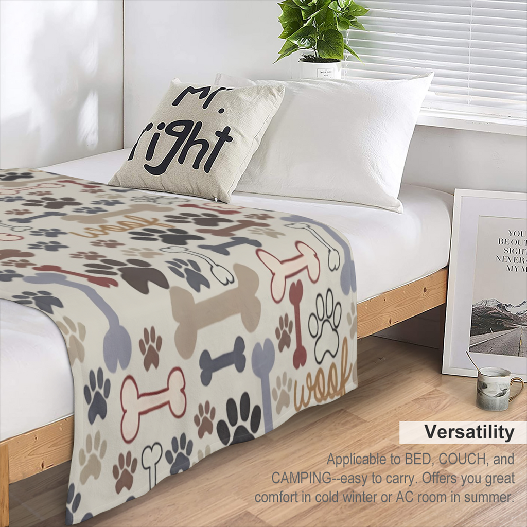 Cozy Dog Paw and Bone Printed Blanket, Super Soft & Lightweight 100 Polyester Fleece, Perfect for Sofa, Bed, Outdoor Activities, Durable, Machine Washable, Great All-Season Gift for Pet Lovers