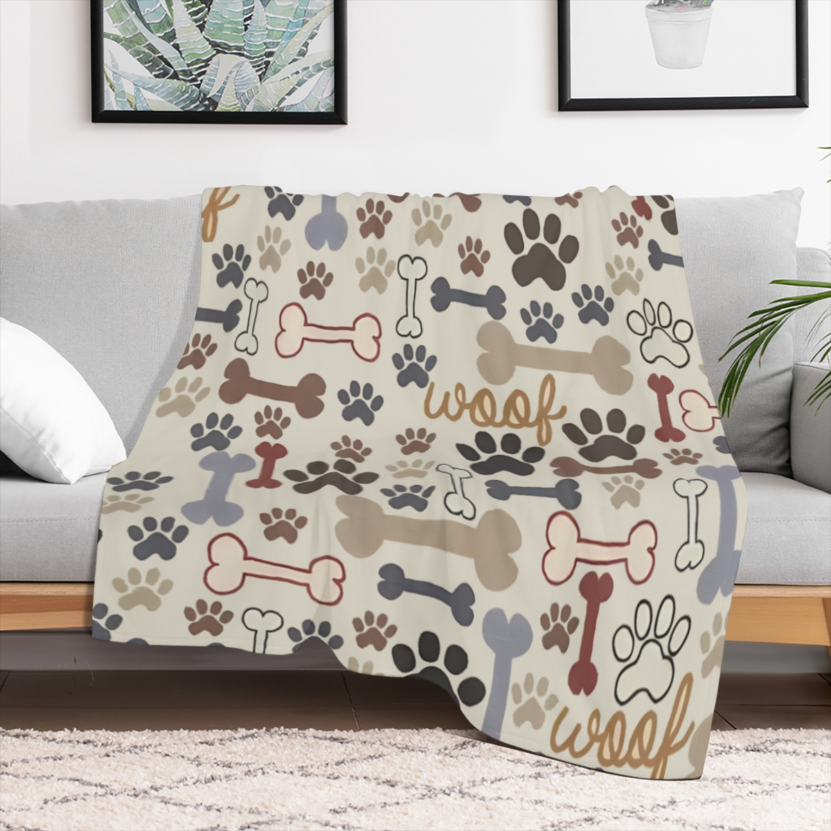 Cozy Dog Paw and Bone Printed Blanket, Super Soft & Lightweight 100 Polyester Fleece, Perfect for Sofa, Bed, Outdoor Activities, Durable, Machine Washable, Great All-Season Gift for Pet Lovers