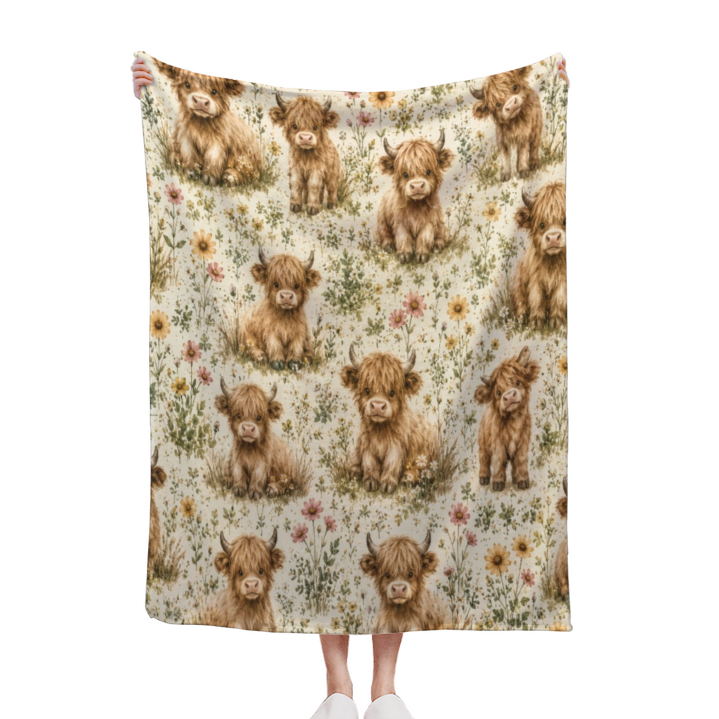 Cute Highland Cow Wildflower Cozy Throw Blanket, Cottagecore Farmhouse Aesthetic