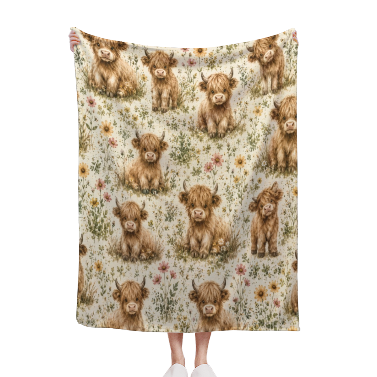 Cute Highland Cow Wildflower Cozy Throw Blanket, Cottagecore Farmhouse Aesthetic