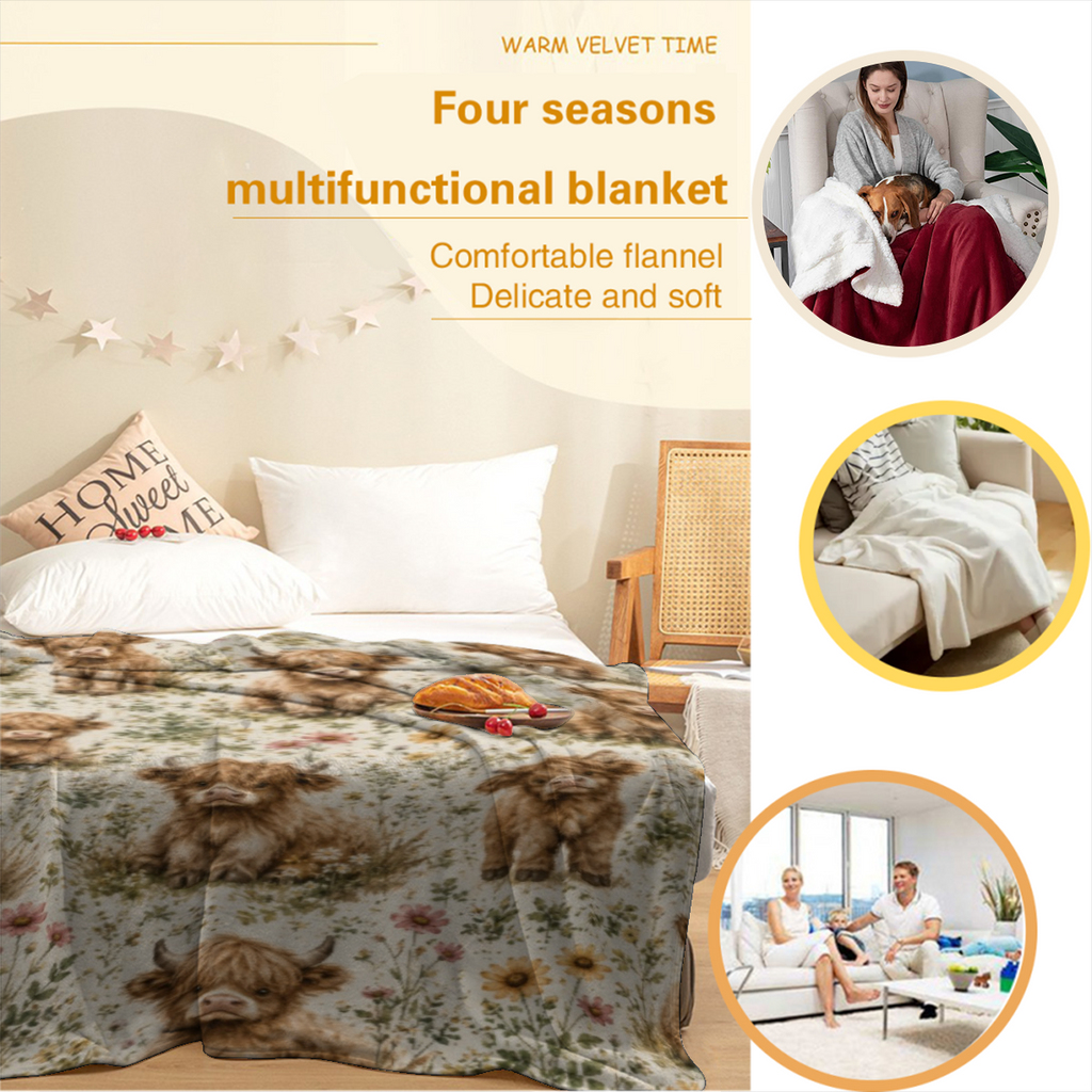 Cute Highland Cow Wildflower Cozy Throw Blanket, Cottagecore Farmhouse Aesthetic