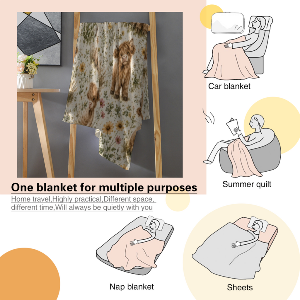 Cute Highland Cow Wildflower Cozy Throw Blanket, Cottagecore Farmhouse Aesthetic