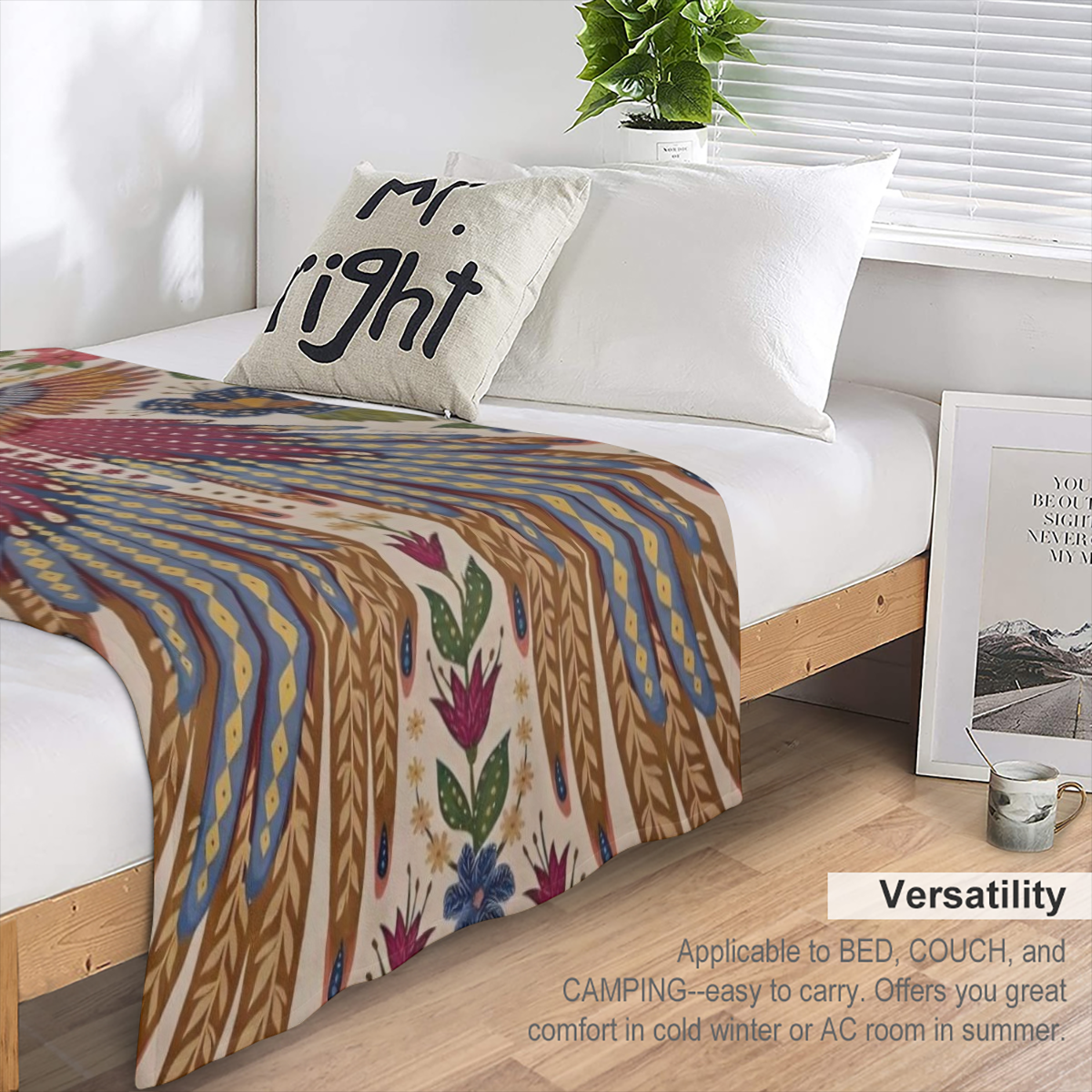 Boho- Chic Colorful Phoenix & Floral Print Lightweight Flannel Throw Blanket - Soft, Warm, All- Season Cozy Fleece for Couch, Bed, Travel, and Office Chair - Hypoallergenic, Versatile Use
