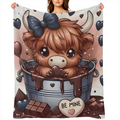 1pc Warm Gift - Little Highland Cow And Chocolate Cute Fun Print Flannel Blanket Soft Warm Cozy Skin- friendly Machine Washable Blanket For Sofa Bed Car Camping Office Home Decor Multipurpose Gift Bla