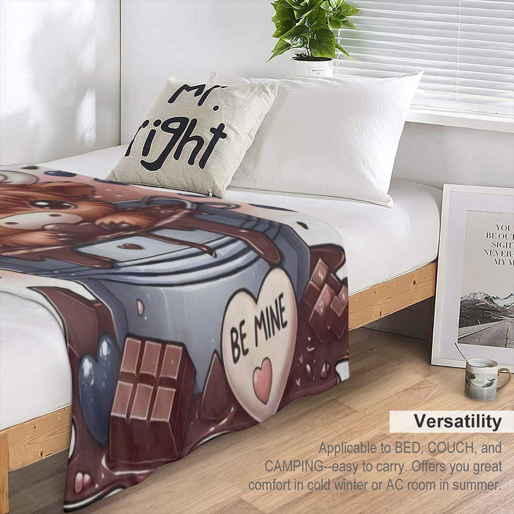 1pc Warm Gift - Little Highland Cow And Chocolate Cute Fun Print Flannel Blanket Soft Warm Cozy Skin- friendly Machine Washable Blanket For Sofa Bed Car Camping Office Home Decor Multipurpose Gift Bla