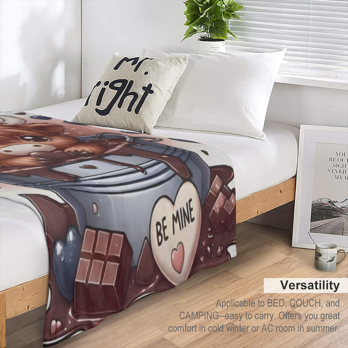 1pc Warm Gift - Little Highland Cow And Chocolate Cute Fun Print Flannel Blanket Soft Warm Cozy Skin- friendly Machine Washable Blanket For Sofa Bed Car Camping Office Home Decor Multipurpose Gift Bla
