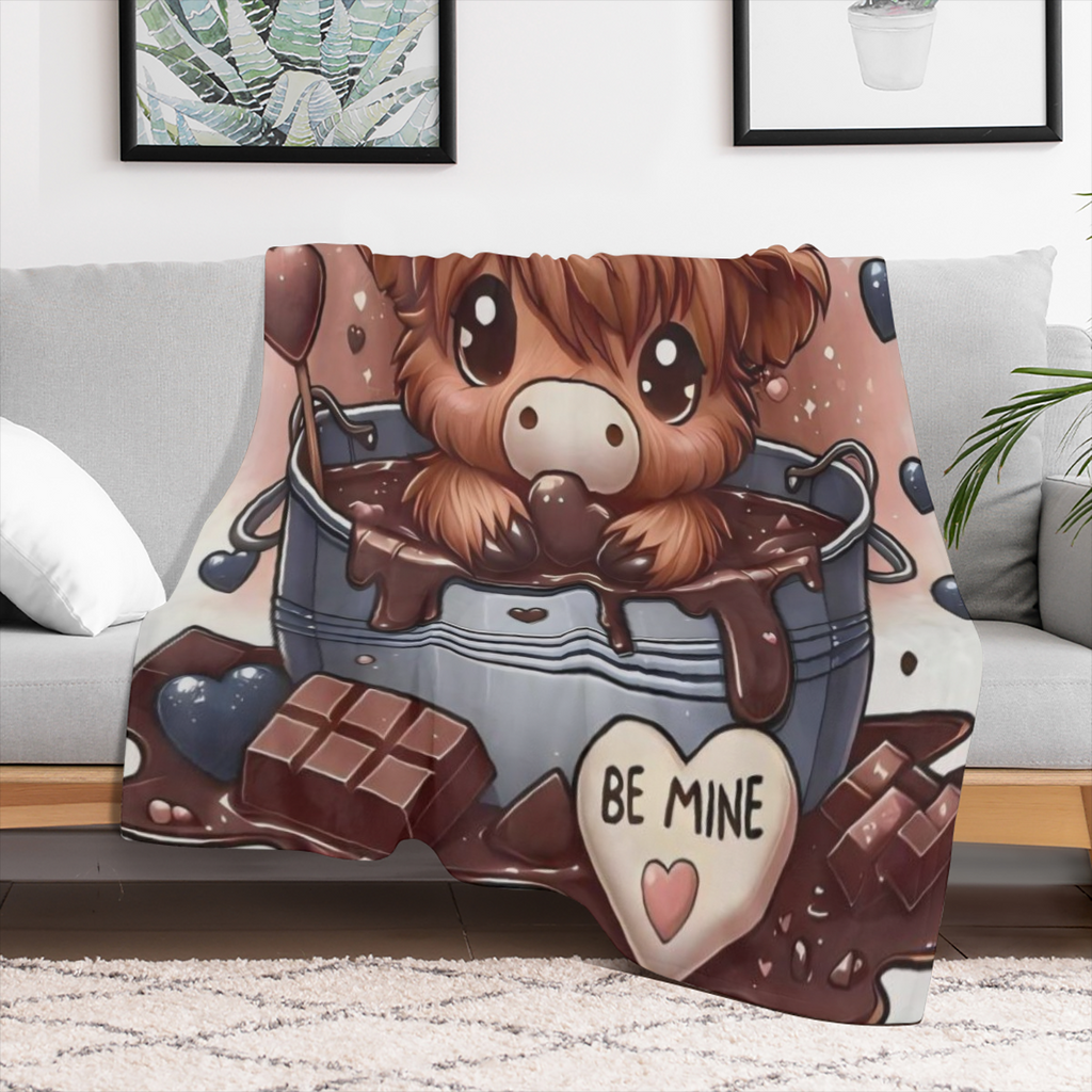 1pc Warm Gift - Little Highland Cow And Chocolate Cute Fun Print Flannel Blanket Soft Warm Cozy Skin- friendly Machine Washable Blanket For Sofa Bed Car Camping Office Home Decor Multipurpose Gift Bla