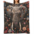Elephant Floral Print Blanket Soft Elephant Floral Print Flannel Throw Blanket - Machine Washable All-Season Multipurpose Comfort Blanket - Contemporary Style Digital Print Polyester Knit Craftsmanshi
