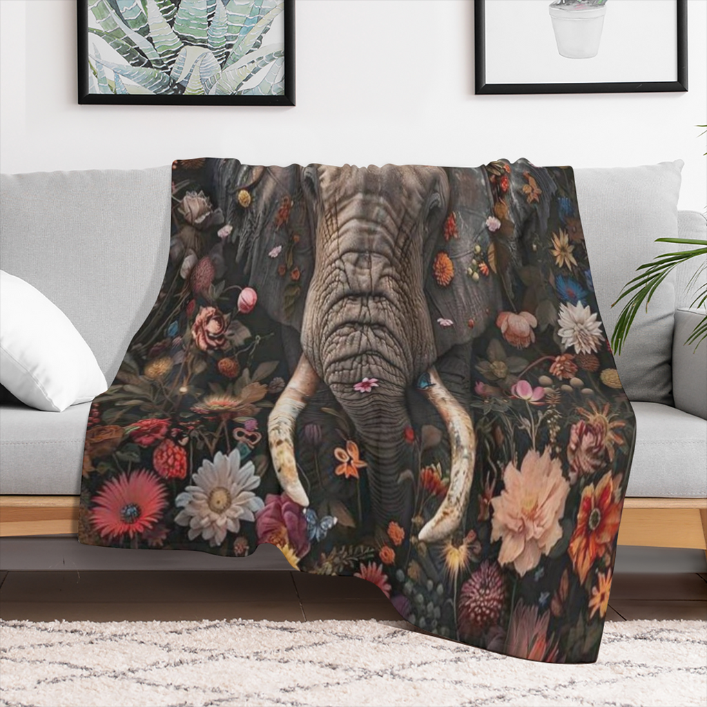 Elephant Floral Print Blanket Soft Elephant Floral Print Flannel Throw Blanket - Machine Washable All-Season Multipurpose Comfort Blanket - Contemporary Style Digital Print Polyester Knit Craftsmanshi