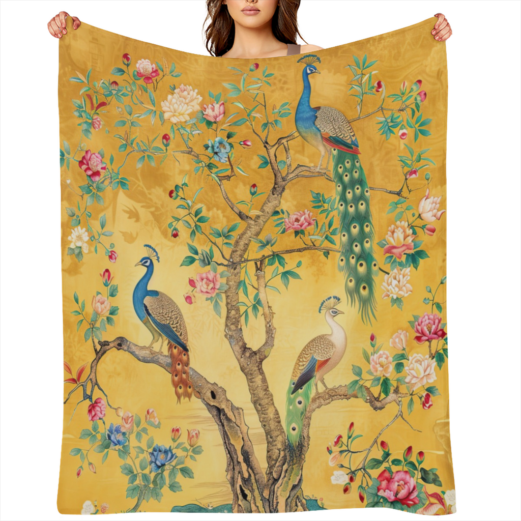 Colorful PeaRooster and Floral Watercolor Throw Blanket - Vintage Aesthetic Spring Garden Design, Soft Fuzzy Polyester Flannel, Ideal for Couch or Sofa Bed, Suitable for All Seasons, 280GSM, Rustic, G