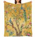 Colorful PeaRooster and Floral Watercolor Throw Blanket - Vintage Aesthetic Spring Garden Design, Soft Fuzzy Polyester Flannel, Ideal for Couch or Sofa Bed, Suitable for All Seasons, 280GSM, Rustic, G
