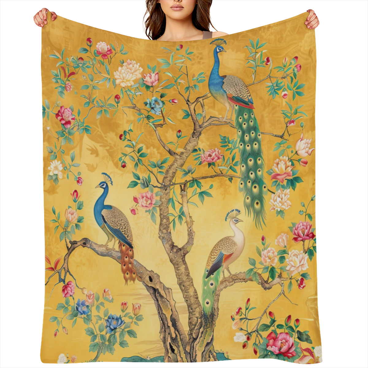 Colorful PeaRooster and Floral Watercolor Throw Blanket - Vintage Aesthetic Spring Garden Design, Soft Fuzzy Polyester Flannel, Ideal for Couch or Sofa Bed, Suitable for All Seasons, 280GSM, Rustic, G