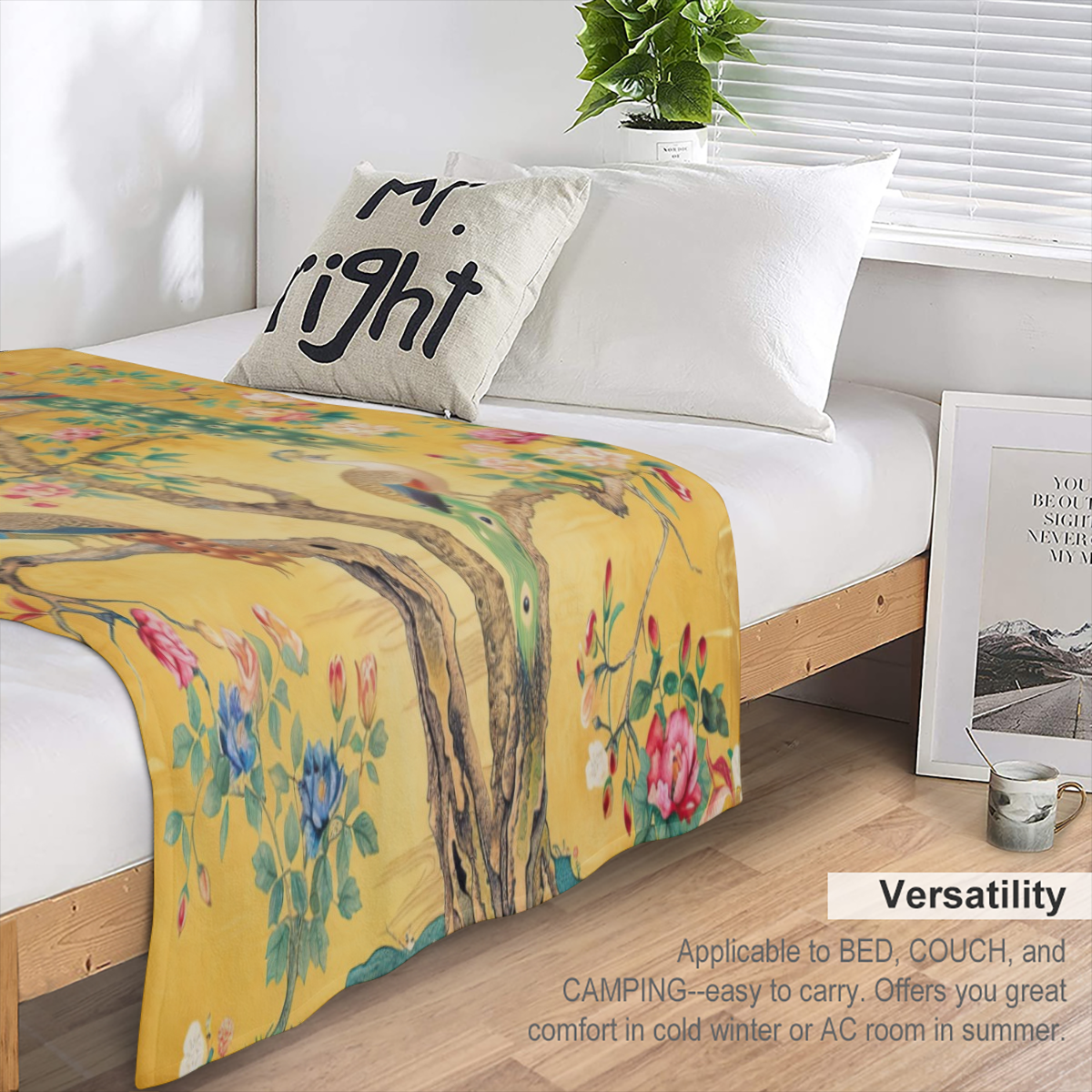 Colorful PeaRooster and Floral Watercolor Throw Blanket - Vintage Aesthetic Spring Garden Design, Soft Fuzzy Polyester Flannel, Ideal for Couch or Sofa Bed, Suitable for All Seasons, 280GSM, Rustic, G