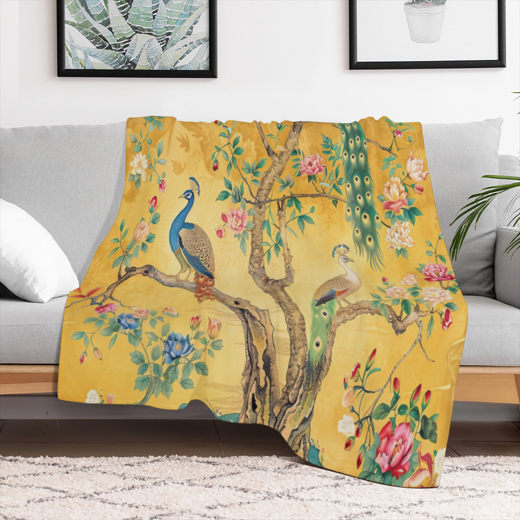 Colorful PeaRooster and Floral Watercolor Throw Blanket - Vintage Aesthetic Spring Garden Design, Soft Fuzzy Polyester Flannel, Ideal for Couch or Sofa Bed, Suitable for All Seasons, 280GSM, Rustic, G