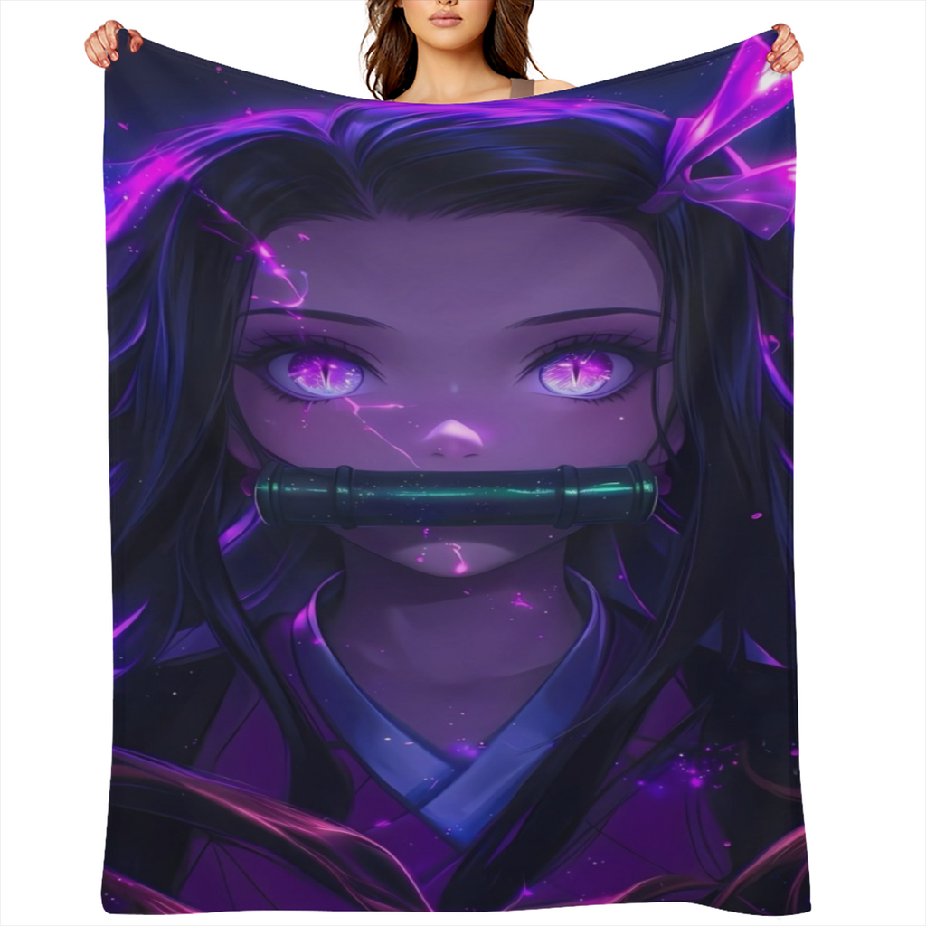 Anime- Inspired Super Soft Flannel Throw Blanket - Vibrant Purple & Green Character Design, Warm & Cozy for All Seasons, Perfect for Sofa, Office, or Home Decor, Easy to Store, 32x48 Inches