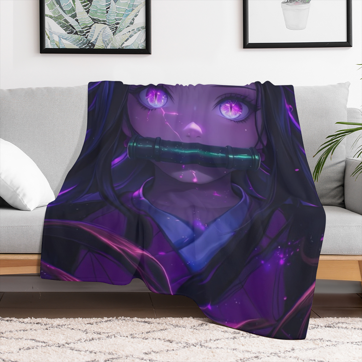 Anime- Inspired Super Soft Flannel Throw Blanket - Vibrant Purple & Green Character Design, Warm & Cozy for All Seasons, Perfect for Sofa, Office, or Home Decor, Easy to Store, 32x48 Inches
