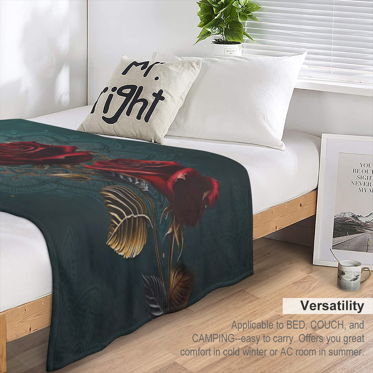 1pc Manta de Lujo con Estampado de Rosa Gtica, Manta de Franela, Manta Suave y Clida para Siesta en Sof Cama Oficina Camping Viaje, Manta Multiusos Regalo para Todas las Estaciones