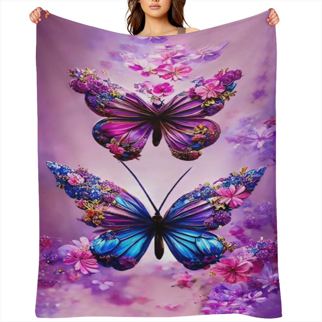 1pc Two Piece Purple Butterfly Flannel Print Blanket, Modern Style Blanket, Soft And Comfortable Blanket, Travel Sofa Bed, Office Home Decoration, Birthday Gift Blanket, Suitable for Boys, Girls, Adul