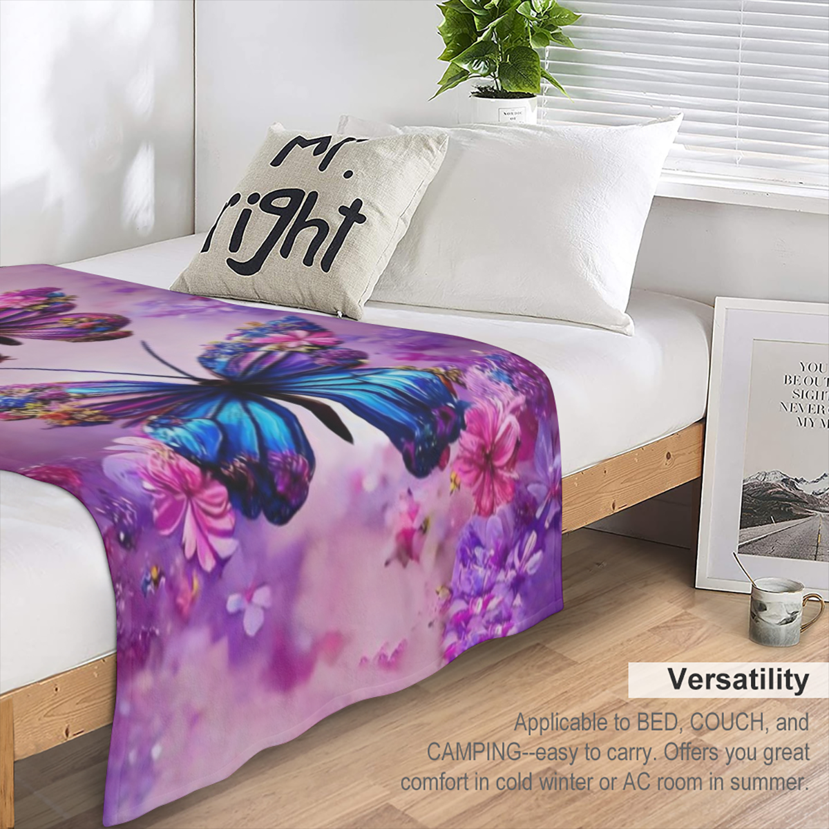 1pc Two Piece Purple Butterfly Flannel Print Blanket, Modern Style Blanket, Soft And Comfortable Blanket, Travel Sofa Bed, Office Home Decoration, Birthday Gift Blanket, Suitable for Boys, Girls, Adul