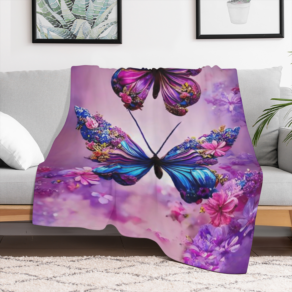 1pc Two Piece Purple Butterfly Flannel Print Blanket, Modern Style Blanket, Soft And Comfortable Blanket, Travel Sofa Bed, Office Home Decoration, Birthday Gift Blanket, Suitable for Boys, Girls, Adul