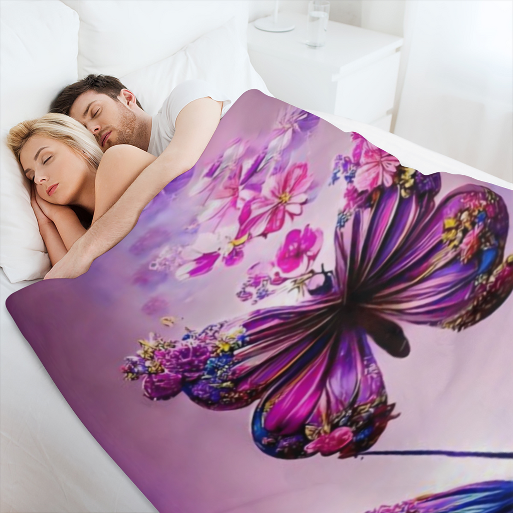 1pc Two Piece Purple Butterfly Flannel Print Blanket, Modern Style Blanket, Soft And Comfortable Blanket, Travel Sofa Bed, Office Home Decoration, Birthday Gift Blanket, Suitable for Boys, Girls, Adul