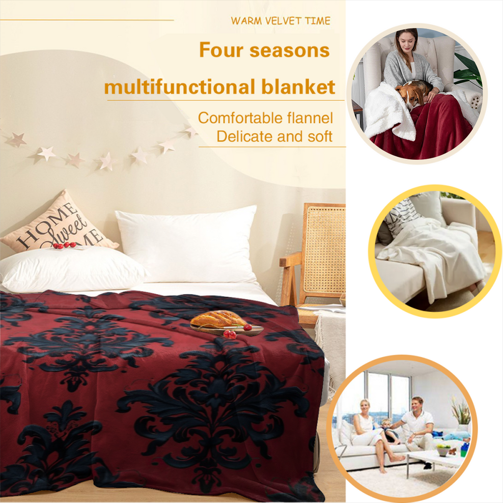 Classic Damask Texture Soft Warm Cozy Blanket, Retro Red Black Design Lightweight Plush Throw Blanket, Home Decor Soft Blanket for Living Bed Room Couch-280GSM