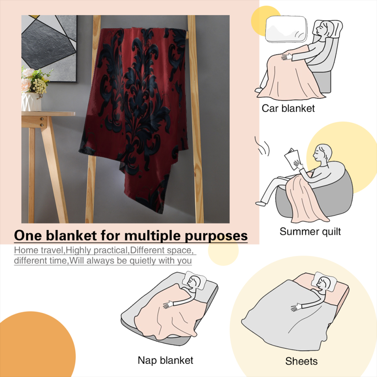 Classic Damask Texture Soft Warm Cozy Blanket, Retro Red Black Design Lightweight Plush Throw Blanket, Home Decor Soft Blanket for Living Bed Room Couch-280GSM