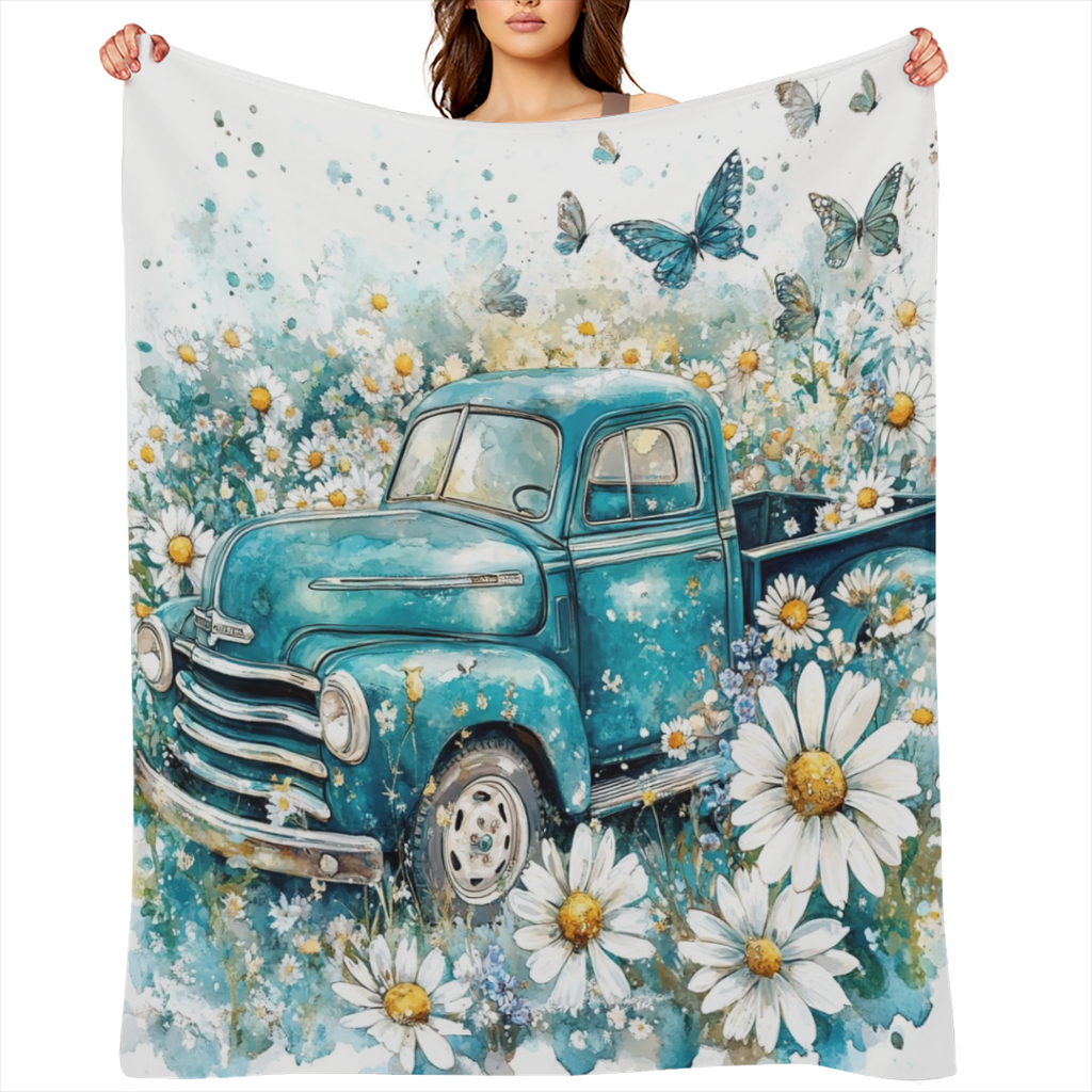 Cozy Vintage Mid- Century Blue Truck & Daisy Throw Blanket - Rustic Watercolor Spring Garden Design with Butterflies, Ultra- Soft Flannel, 280GSM, Perfect for Couch, Sofa, Bed, Office, and Camping - V