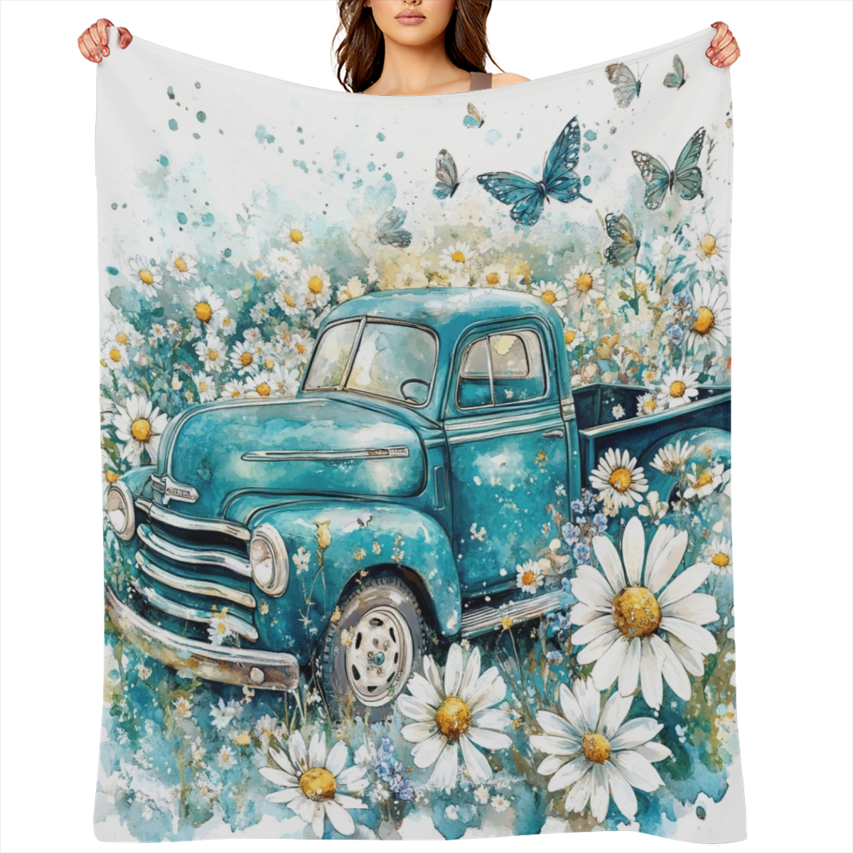 Cozy Vintage Mid- Century Blue Truck & Daisy Throw Blanket - Rustic Watercolor Spring Garden Design with Butterflies, Ultra- Soft Flannel, 280GSM, Perfect for Couch, Sofa, Bed, Office, and Camping - V