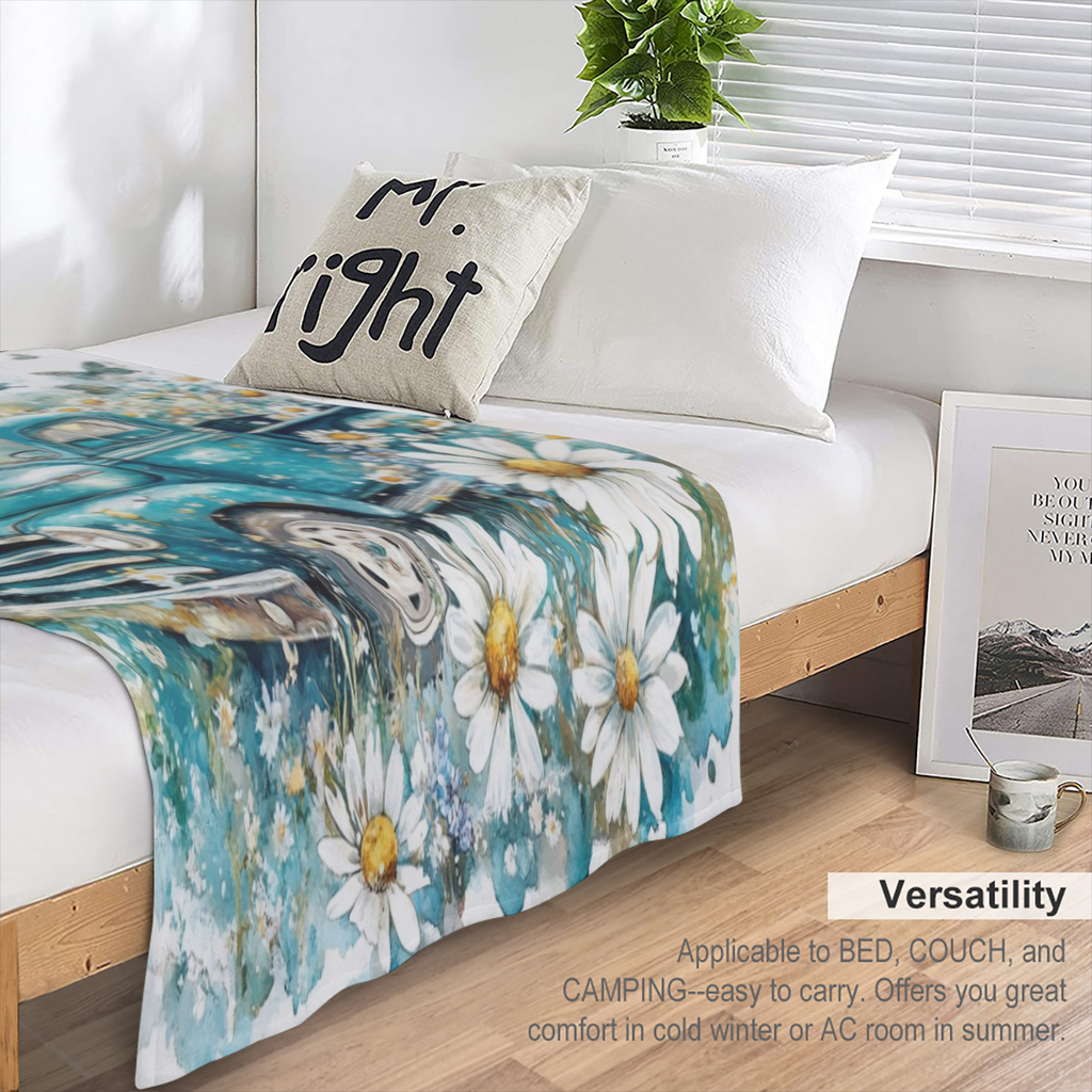 Cozy Vintage Mid- Century Blue Truck & Daisy Throw Blanket - Rustic Watercolor Spring Garden Design with Butterflies, Ultra- Soft Flannel, 280GSM, Perfect for Couch, Sofa, Bed, Office, and Camping - V