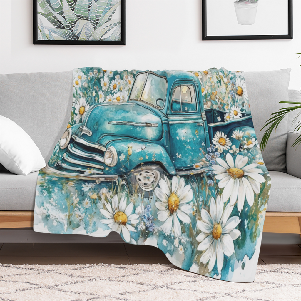 Cozy Vintage Mid- Century Blue Truck & Daisy Throw Blanket - Rustic Watercolor Spring Garden Design with Butterflies, Ultra- Soft Flannel, 280GSM, Perfect for Couch, Sofa, Bed, Office, and Camping - V