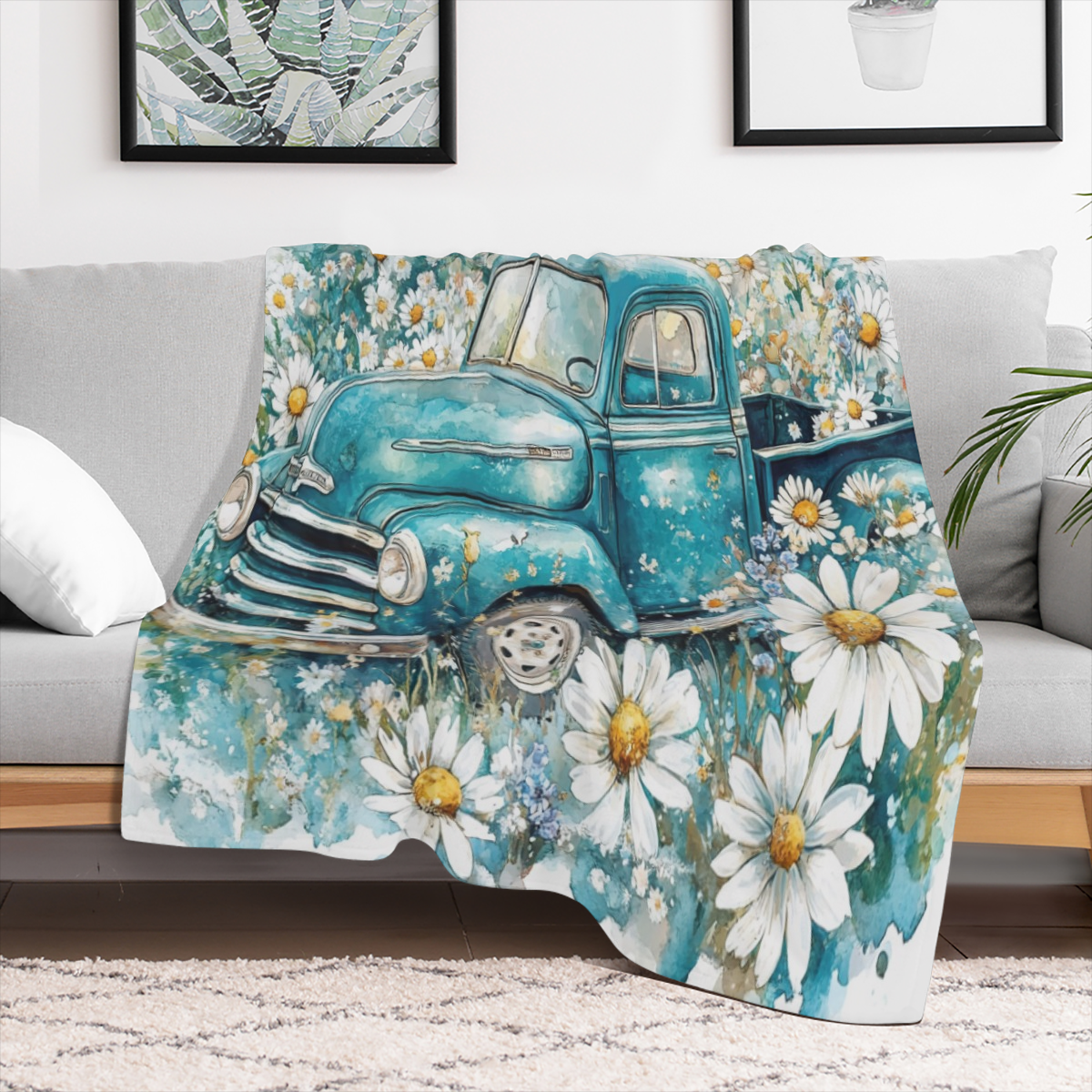 Cozy Vintage Mid- Century Blue Truck & Daisy Throw Blanket - Rustic Watercolor Spring Garden Design with Butterflies, Ultra- Soft Flannel, 280GSM, Perfect for Couch, Sofa, Bed, Office, and Camping - V