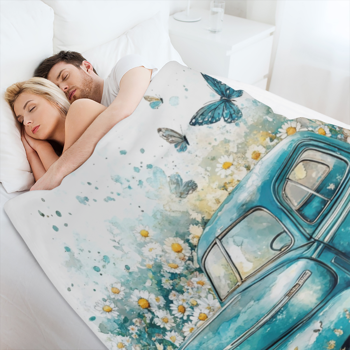 Cozy Vintage Mid- Century Blue Truck & Daisy Throw Blanket - Rustic Watercolor Spring Garden Design with Butterflies, Ultra- Soft Flannel, 280GSM, Perfect for Couch, Sofa, Bed, Office, and Camping - V