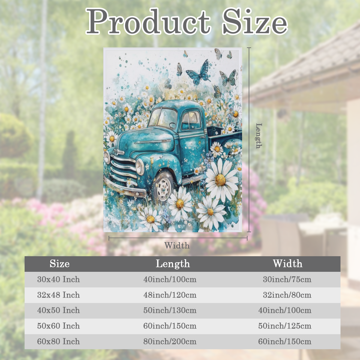 Cozy Vintage Mid- Century Blue Truck & Daisy Throw Blanket - Rustic Watercolor Spring Garden Design with Butterflies, Ultra- Soft Flannel, 280GSM, Perfect for Couch, Sofa, Bed, Office, and Camping - V