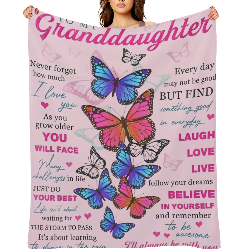 1pc Butterfly Print Flannel Blanket, To My Granddaughter Blanket, Warm Cozy Soft Throw Blanket For Couch Bed Sofa