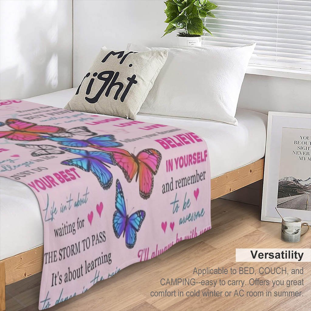 1pc Butterfly Print Flannel Blanket, To My Granddaughter Blanket, Warm Cozy Soft Throw Blanket For Couch Bed Sofa