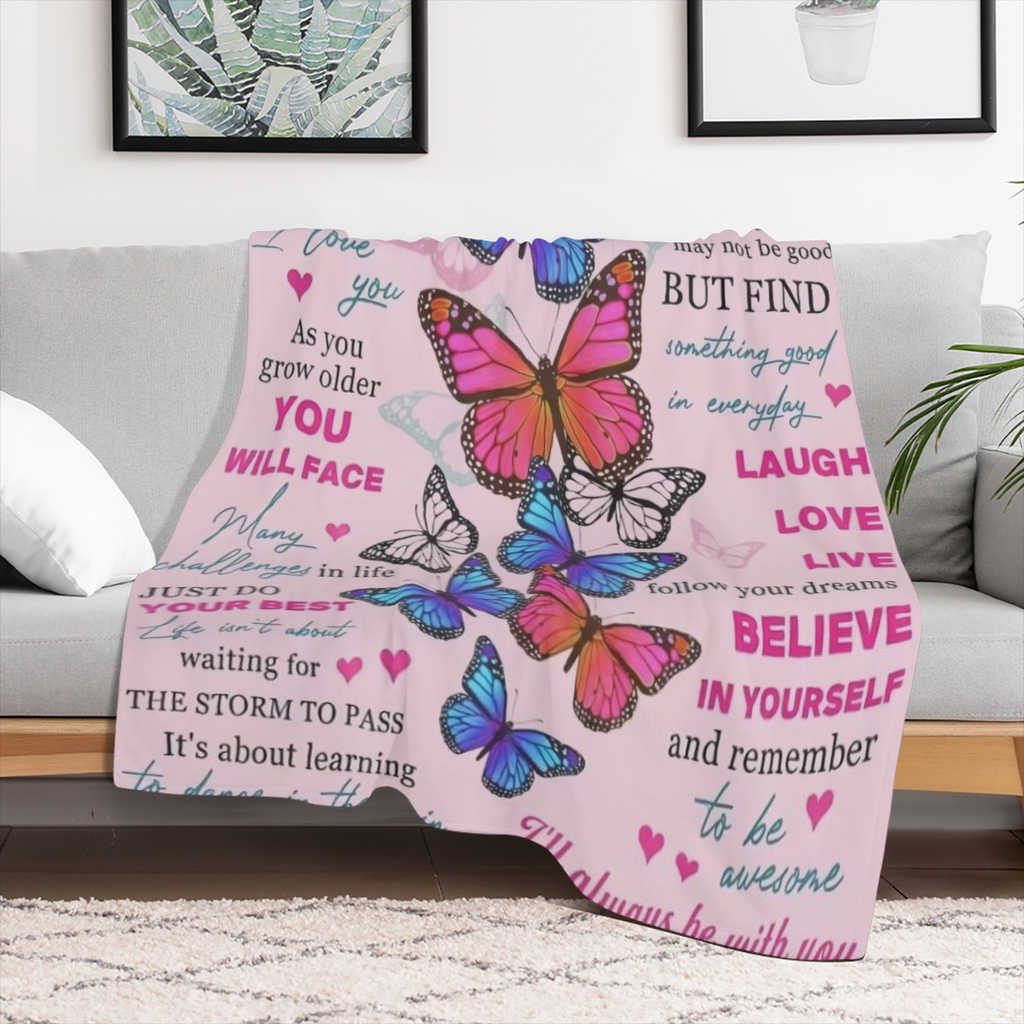 1pc Butterfly Print Flannel Blanket, To My Granddaughter Blanket, Warm Cozy Soft Throw Blanket For Couch Bed Sofa