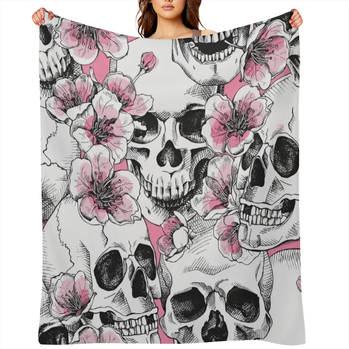 Bohemian Style Skull and Sakura Cherry Blossom Printed Flannel Throw Blanket Soft Tear Stain Resistant All-Season Quilted Multipurpose Polyester Knit Throw with Machine Washable for Couch and Bed Deco