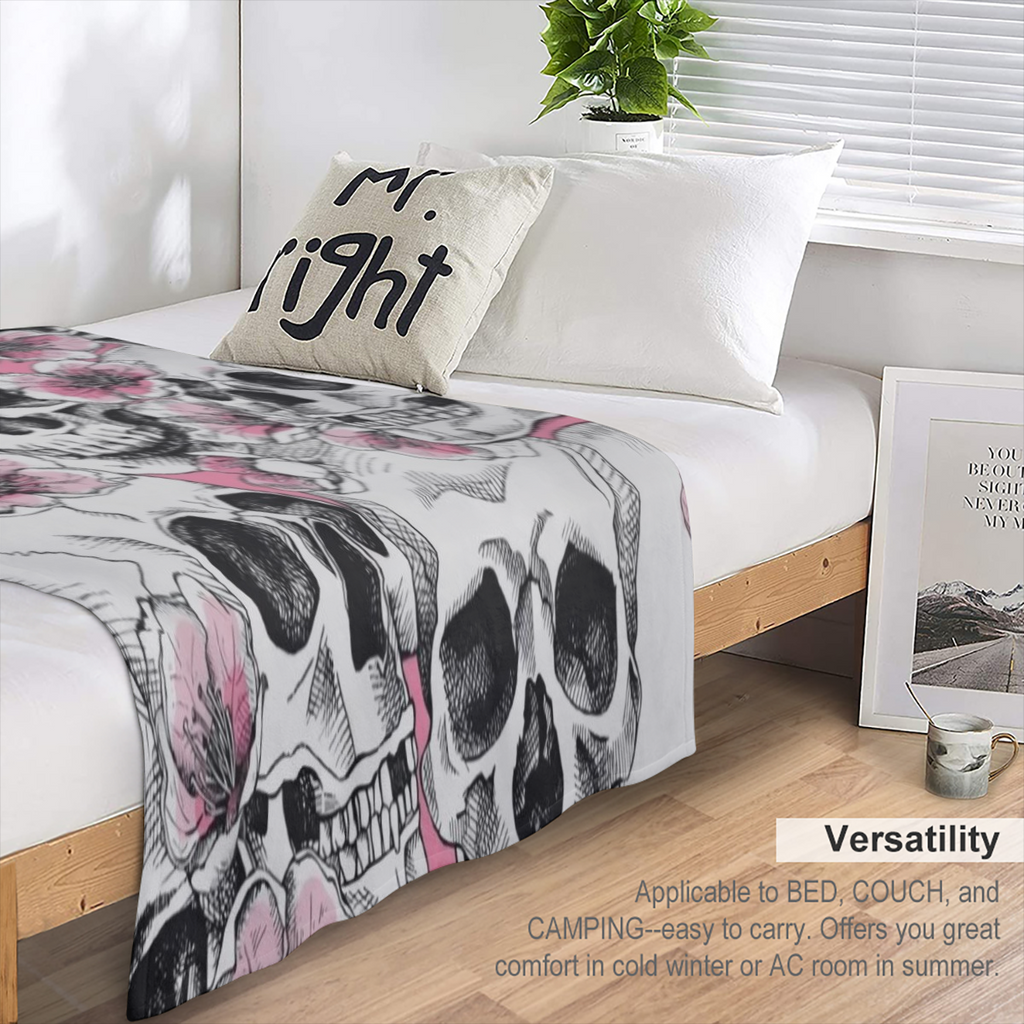 Bohemian Style Skull and Sakura Cherry Blossom Printed Flannel Throw Blanket Soft Tear Stain Resistant All-Season Quilted Multipurpose Polyester Knit Throw with Machine Washable for Couch and Bed Deco